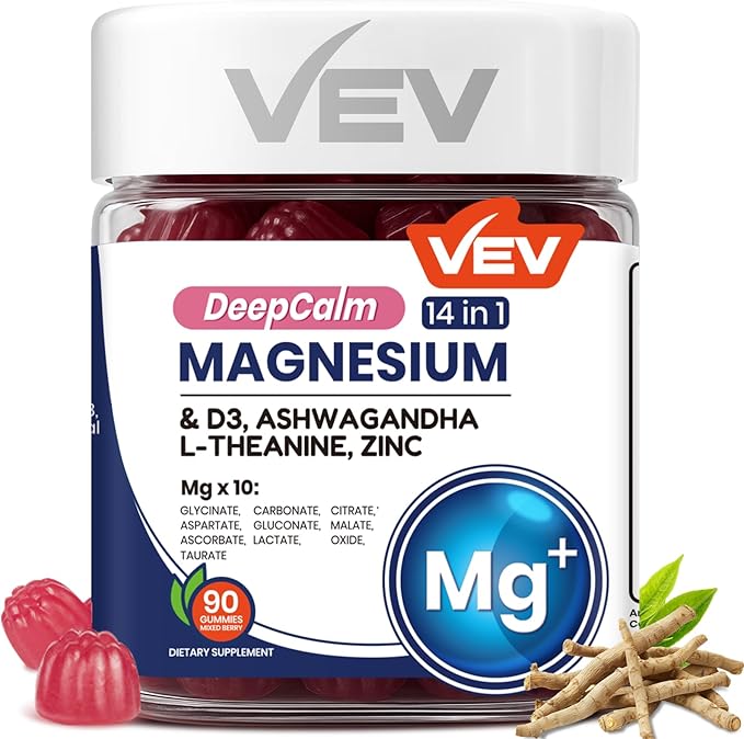 VEV Magnesium Complex DeepCalm 14-in-1 Gummies – with Ashwagandha, L-Theanine, D3 & Zinc – Cortisol Supplements for Women – 90 Sugar-Free Vegan Magnesium Glycinate Complex Gummies
