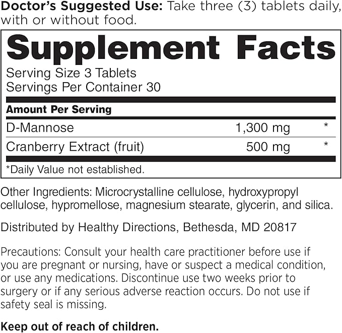 DOCTORS' PREFERRED D-Mannose 1300 MG with Cranberry 500 MG Supplement - Premium Formula (90 Vegan Tablets)