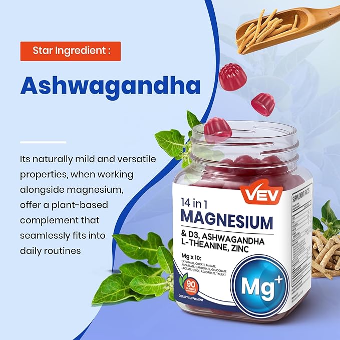 VEV Magnesium Complex DeepCalm 14-in-1 Gummies – with Ashwagandha, L-Theanine, D3 & Zinc – Cortisol Supplements for Women – 90 Sugar-Free Vegan Magnesium Glycinate Complex Gummies