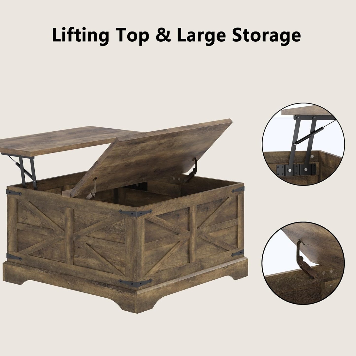 Furnideco 35.5''W Square Coffee Table Farmhouse Lift top Coffee Table with Large Hidden Storage, Wood Center Table for Living Room, Home Office, Brown
