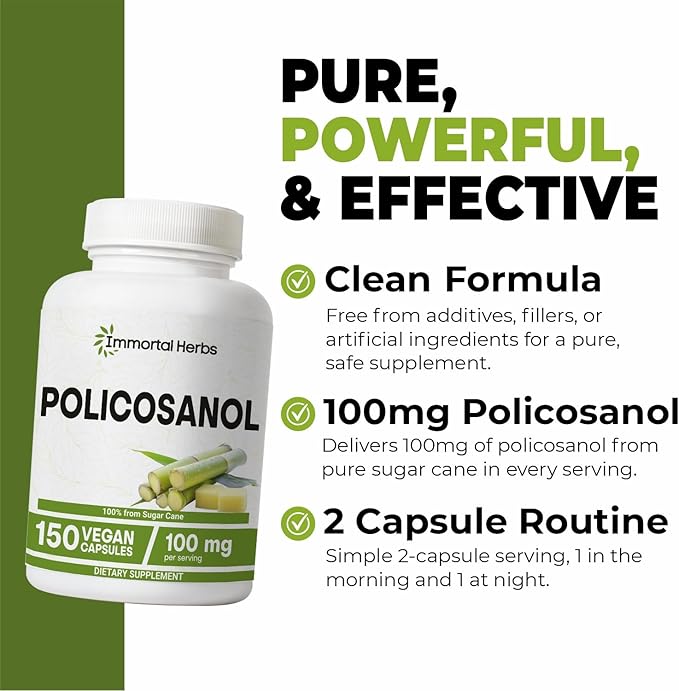 Policosanol 100mg Capsules, Derived from Sugar Cane, 150 Pills, Non-GMO and Gluten-Free Policosanol Supplement for Women and Men