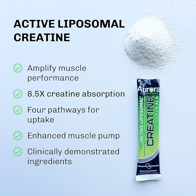 Aurora Nutrascience Liposomal Creatine + GAA & R-ALA Lemon Lime Powder Drink Mix, Increased Energy, Supports Exercise Performance & Muscle Growth for Wowen and Men, 10 Packets