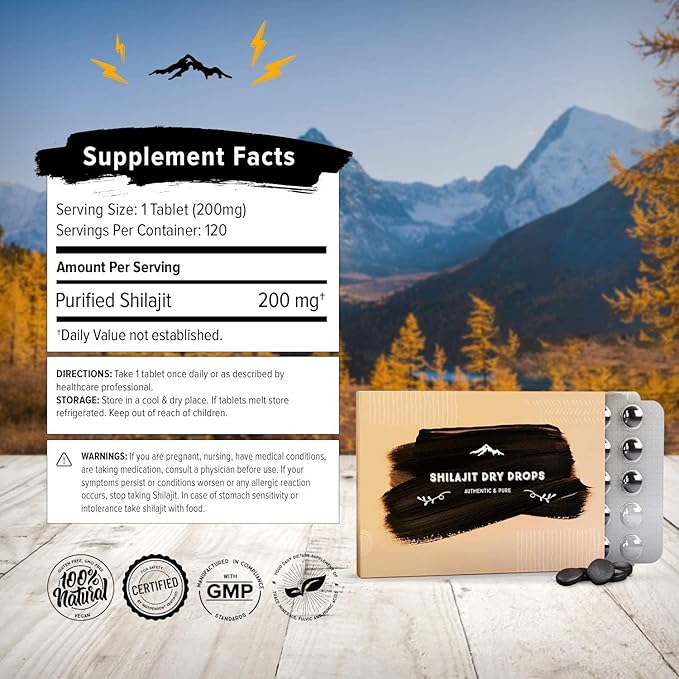 Pure Himalayan Shilajit Dry Drops, 100% Pure Natural Shilajit, Grade A, Max Potency 85+ Clean Trace Minerals & Fulvic Acid for Energy, Metabolism & Immune Support Supplement for Men & Women (120 tabs)