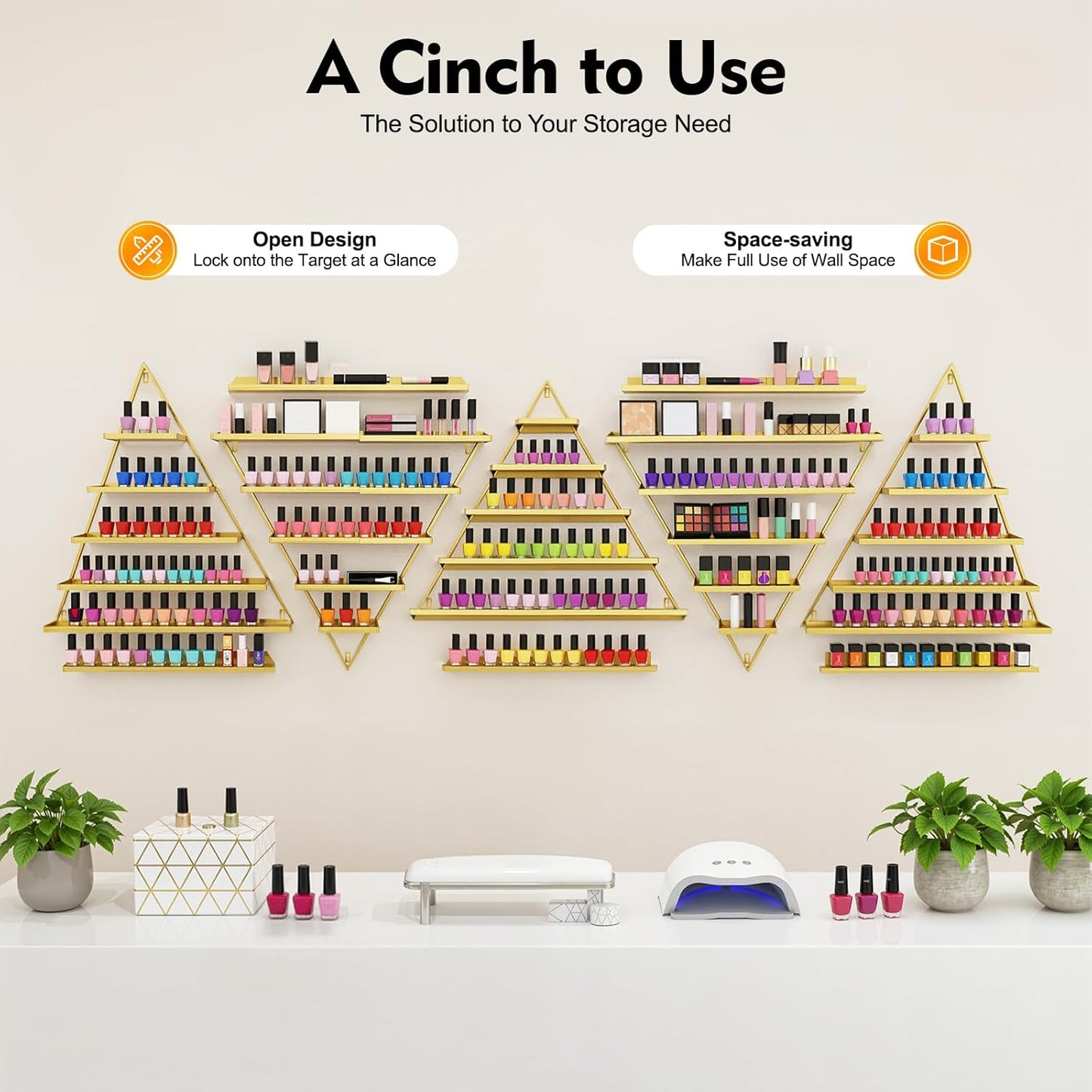 10PCS Gold Triangular Nail Polish Racks, 5 Tiers Wall-Mounted Nail Polish Racks Cosmetic Display Rack Essential Oil Organizers Lipstick Perfume Wall Shelf for Home Spa Nail Salon Shop