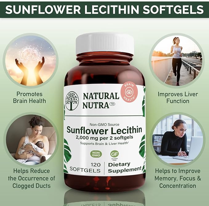 Natural Nutra Sunflower Lecithin 2000 mg Supplement, Supports Breastfeeding Moms with Plugged Milk Duct Relief, Liver & Brain Health Booster, Soy Free, Non-GMO, Gluten-Free, 120 Softge