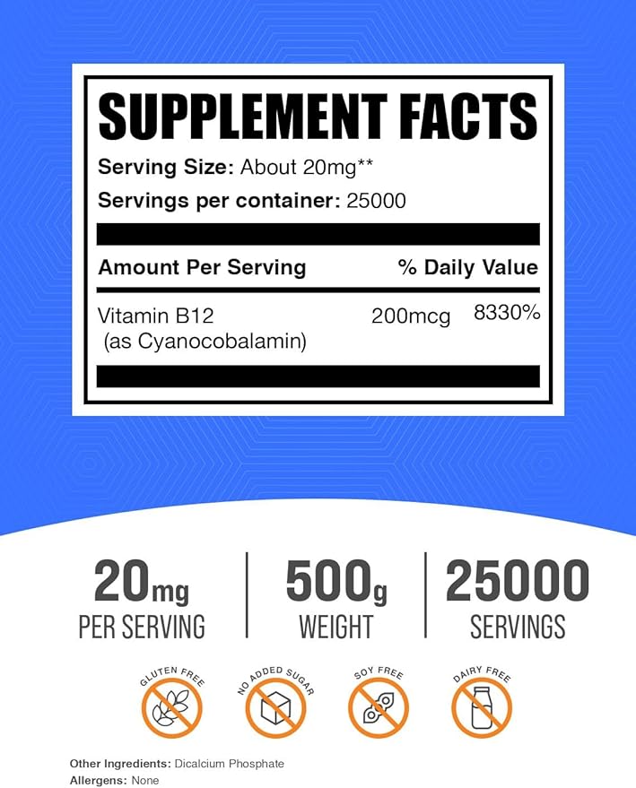 BulkSupplements.com Vitamin B12 Powder - as Cyanocobalamin, Vitamin B Supplement, Essential Vitamins- Gluten Free, 20mg per Serving, 500g (1.1 lbs) (Pack of 1)