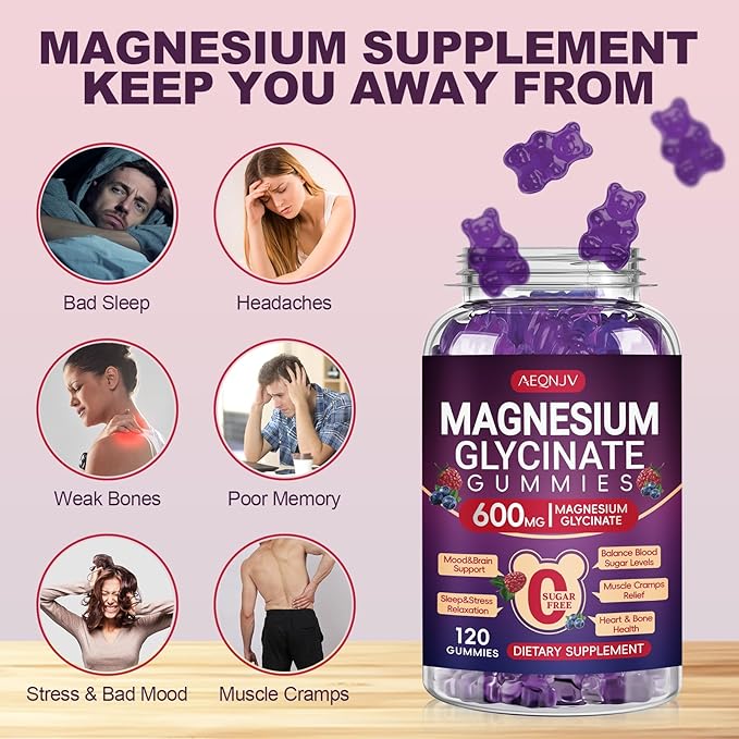 Magnesium Glycinate Gummy 600mg, Chewable Sugar Free Potassium Magnesium Gummy for Sleep, Body Support and Relaxation, Magnesium Supplements with Vitamin D, B6, and CoQ10 for Men & Women