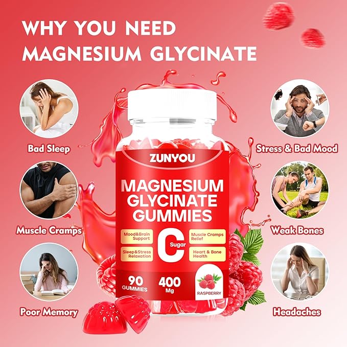 Magnesium Glycinate Gummies 400mg, Sugar Free Calm Magnesium Gummies for Women with Calcium, Vitamin D, B6, Zinc for Sleep, Mood and Muscle Support, 90 Count
