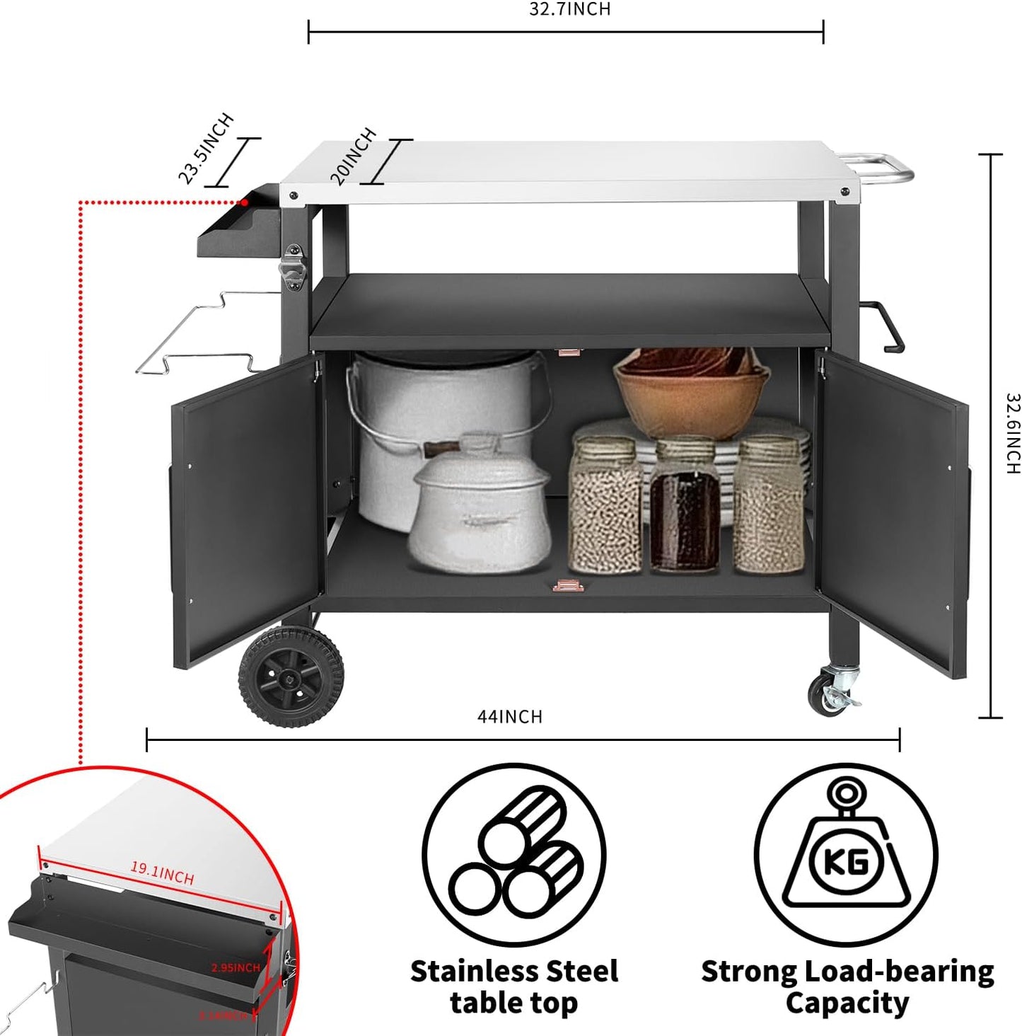 Grill Cart Table with Big Storage Cabinet, Movable Outdoor Dining Cart Pizza Oven Stand, Kitchen Cart Island Multifunction Food Prep Table Stainless Steel Surface
