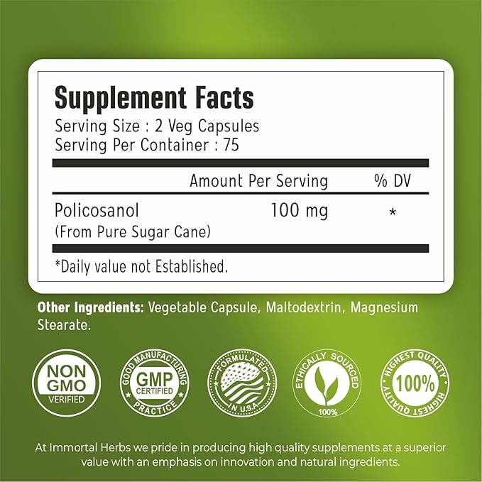 Policosanol 100mg Capsules, Derived from Sugar Cane, 150 Pills, Non-GMO and Gluten-Free Policosanol Supplement for Women and Men