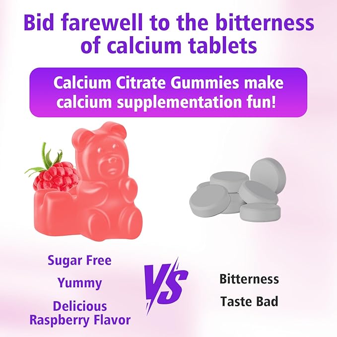 2 Packs High Absorption Calcium Citrate Gummies 1200mg - Bone & Teeth Support for Adults & Kids, Vegan, Non-GMO, Sugar-Free Gummies, Raspberry Flavor, 120 Count