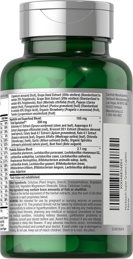 Horbäach Super Greens Supplement with Probiotics | 150 Caplets | Non-GMO, and Gluten Free