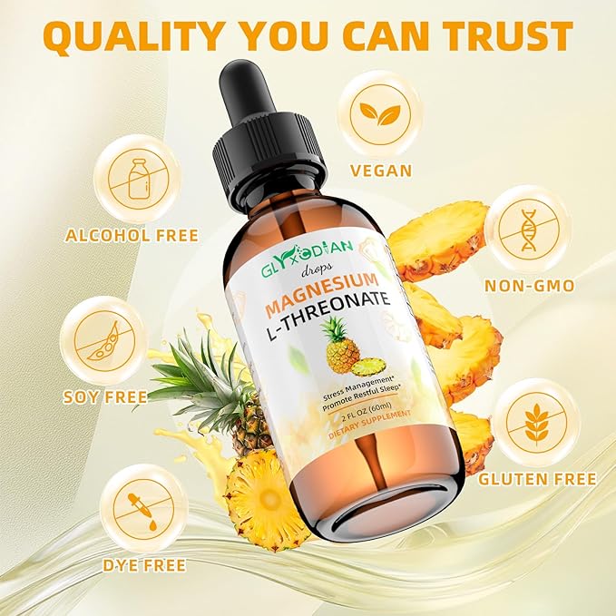 Magnesium L-Threonate Liquid Drops- Magnesium Glycinate Liquid, Support Mood Balance, Muscle, Energy, Sleep, Calm & Nerve, High Absorption, 2 FLOZ, Non-GMO, Suger-Free, Pineapple Flavor