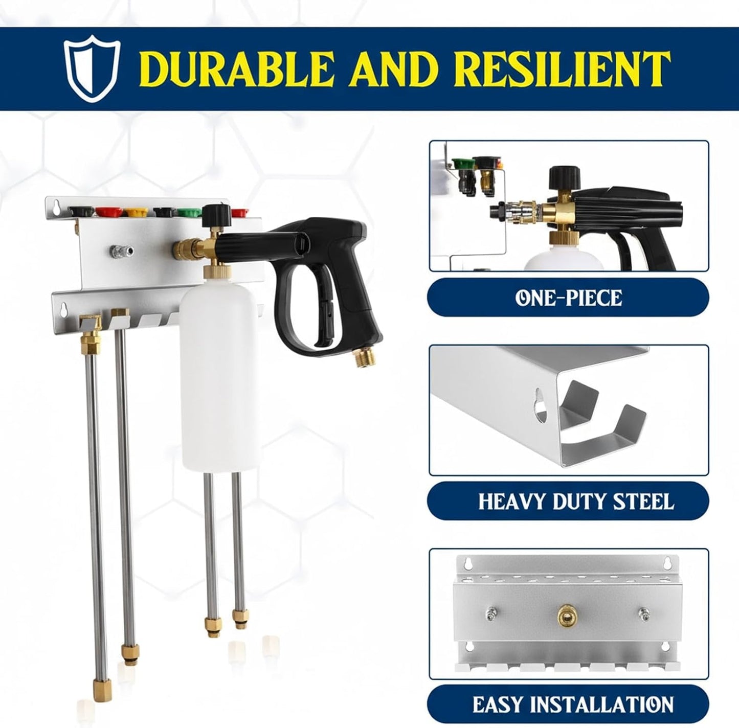 Pressure Washer Gun Holder, Wall Mount Foam Cannon Holder, Car Wash Accessories Organizer for Wand/Nozzle Tips, 1/4'' Pressure Washer Accessories Storage Rack (Silver)