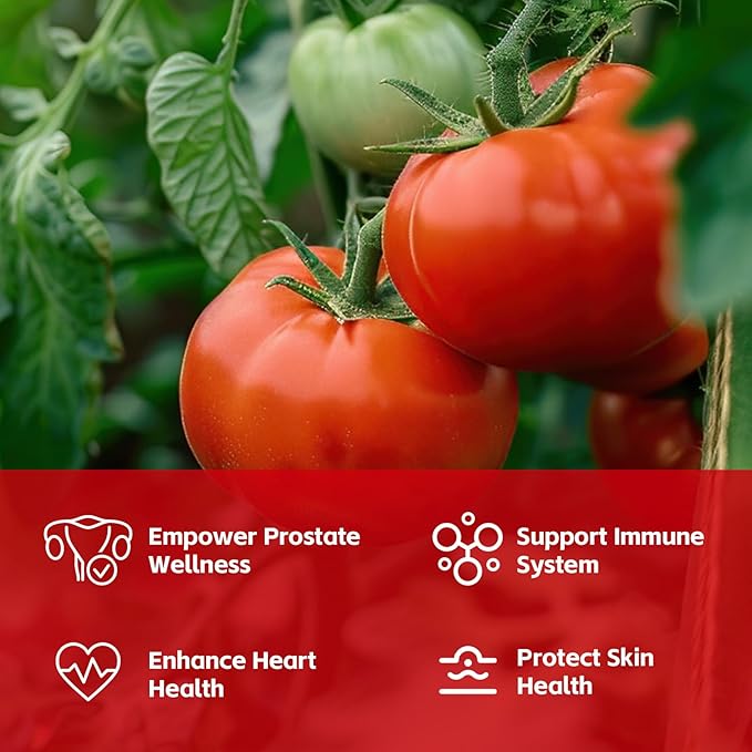 Lycopene Supplement 100mg, Natural Tomato Extract with Reishi Mushroom 200mg, Mushroom Capsule for Immune Health, Gluten-Free, Non-GMO, Vegan, 60 Rapid Release Capsules