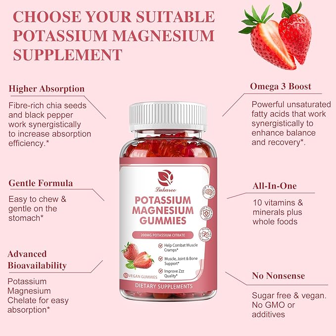Magnesium Potassium Supplement Gummies - New Formula Calm Magnesium Glycinate Gummies & Potassium Citrate 200 mg Plus Omega 3, B6, D3, K2 & Calcium for Zzz, Leg Cramps & Muscle - 120 Count