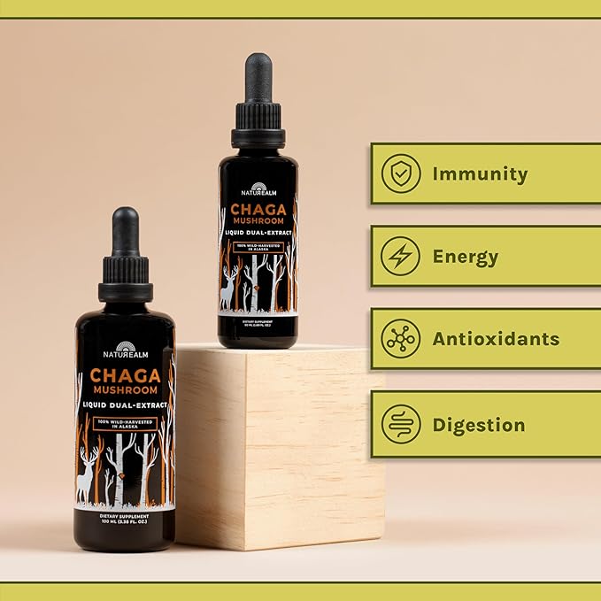 Naturealm Chaga Mushroom Liquid Tincture Supplement – Immune Support, Antioxidant Boost & Hair, Skin, Nail Health, Vegan, Non-GMO – Wild-Harvested Fruiting Bodies, 2 Month Supply