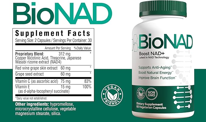 BioNAD NAD+ Natural Energy Booster - Boosts NAD+ - Supports Cardiovascular Health by lowering LDL Cholesterol - Anti Aging - Combats Inflammation induced Aging on a Cellular Level - Vegan/Non GMO