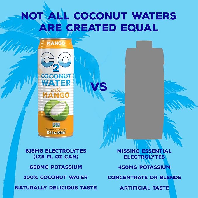 C2O - Coconut Water with Mango (12 Pack) - Made with Fresh Coconut Water - Plant Based - Non GMO - Canned Water - Natural Hydration, Essential Electrolytes, & Potassium - 12 Cans, 17.5 FL OZ