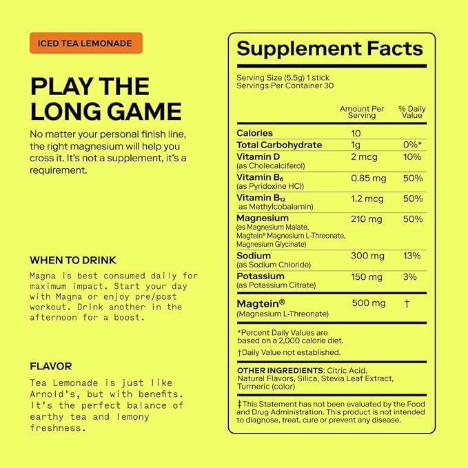 MAGNA Electrolyte Powder Drink Mix for Hydration, Energy & Focus Support with Magnesium L Threonate, Malate & Glycinate, Sodium, Potassium, Vitamin D, B6 & B12, Tea Lemonade Flavor, 7 Servings