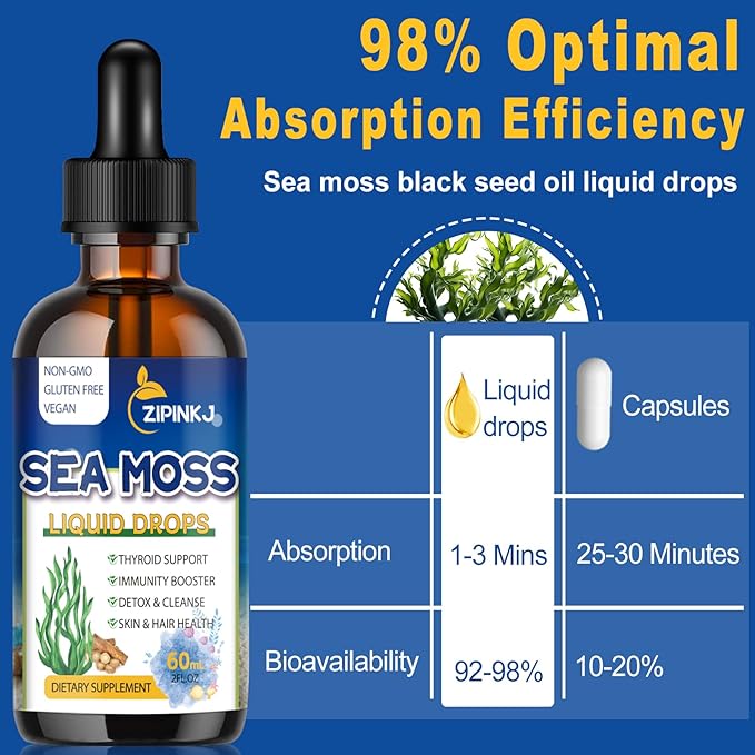 Organic Sea Moss Drops, 11 in 1 Black Seed Oil & Irish Liquid Sea Moss Gel Ashwagandha Burdock Root, Spirulina, Bladderwrack, Elderberry for Digestion, Immunity, Skin Hair Health, Non-GMO - 4 Fl Oz