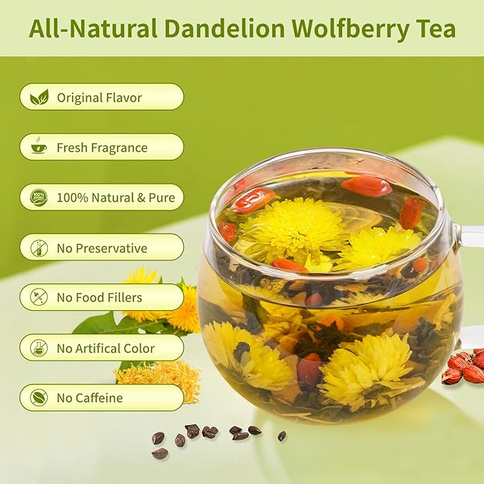 Dandelion Wolfberry Tea Bags, Natural Kidneys & Liver Health Tea with Dandelion, Chrysanthemum, Wolfberry, Cassia Seed, Licorice, Orange Peel, Gardenia, Dandelion Root Tea Organic(2 Pack/24 Bags)