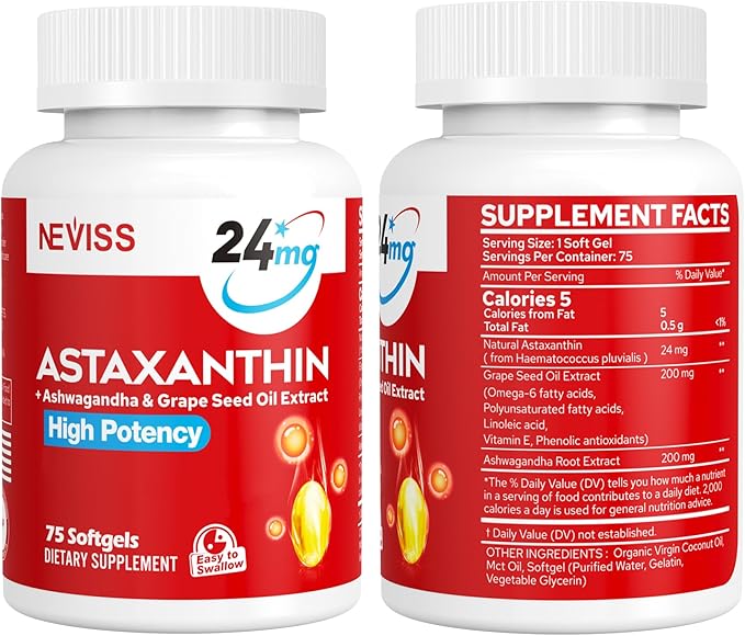Astaxanthin Supplements 24mg, 5 Month Supply - Coconut MCT Oil, Fresh Microalgae Source w/Grape Seed Oil, Ashwagandha - Antioxidants for Healthy Skin, Eyes, Aging - Non-GMO & Gluten Free, 150 Softgels