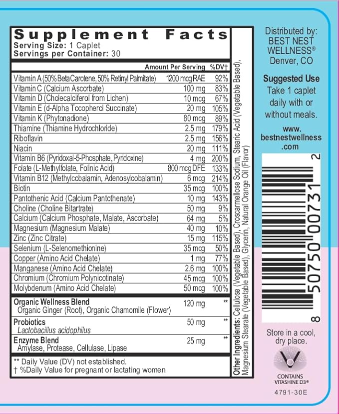 Best Nest Wellness Mama Bird Prenatal Multi Plus Iodine & Iron Free - Prenatal Vitamin for Brain & Digestive Health - Vegan Multivitamin with Methylfolate, Probiotics & More - 30 Caplets w/Gift Bag