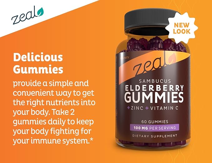 Zeal Sambucus Elderberry Gummies + Zinc + Vitamin C - Daily Supplement for Children & Adults - Easy to Chew Vitamin Gummies - 100 mg Max Serving of Elderberry - 60 Count