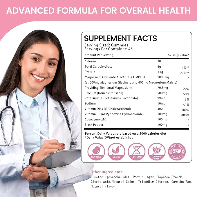 Magnesium Glycinate Gummies 1000mg, High Absorption Sugar Free Magnesium Potassium Supplement for Relaxation, Stress Relief, and Sleep Support for Adults & Kids - 90 Peach Gummies