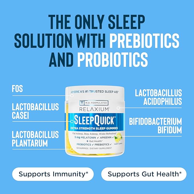 Relaxium Sleep Quick Gummy, Sleep Aid Support, 5 mg Melatonin, Vitamin D-3, Prebiotic & Probiotic Blend, Gluten & Drug Free, Lemon Flavor, 60 Gummies