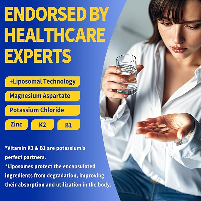 Potassium Magnesium Supplement, 1600mg Liposomal Magnesium Aspartate, Potassium Chloride, with Zinc, K2, Vitamin B1 for High Blood Pressure, Support Vascular, Bone & Leg Cramps, 120 Veg Capsules