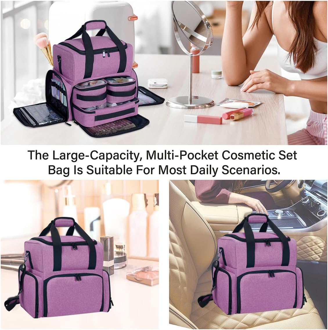 Large Makeup Cosmetic Bag with 3 Removable Case and 2 Removable Dividers Double Layer Travel Storage Organizer, Makeup Brushes Storage Section Purple