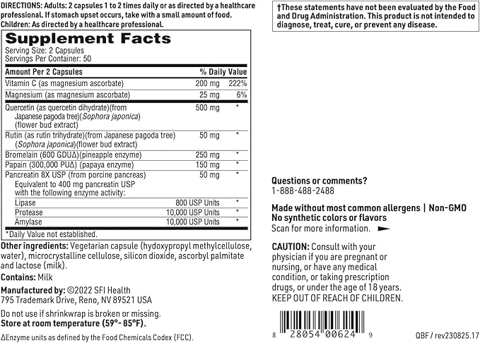 Klaire Labs SFI Health Quercetin-Bromelain Forte - Immune & Seasonal Support Enzymes with Pancreatic, Proteolytic, Bromelain, Papain Enzymes & Bioflavonoids (100 Capsules)
