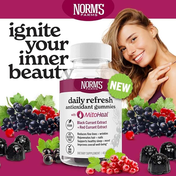 Norm's Farms Elderberry Antioxidant Gummies - Daily Refresh w/MitoHeal, 500mg Red & Black Currant Extract - Sleep, Mood, Skin, Hair & Nail Support - USA Made, Vegan, Non-GMO, Gluten-Free - 45 Gummies