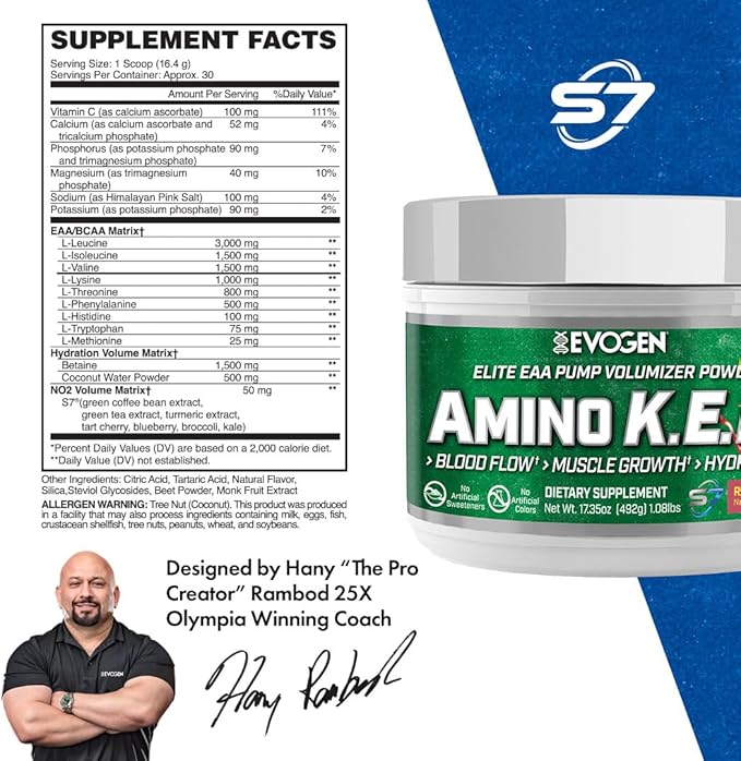 Evogen Amino K.E.M. - EAA & BCAA Powder Pump Volumizer | BCAAs Amino Acids Supplement for Blood Flow, Muscle Growth, & Hydration | Natural Sweetened Raspberry Lemonade | 30 Servings