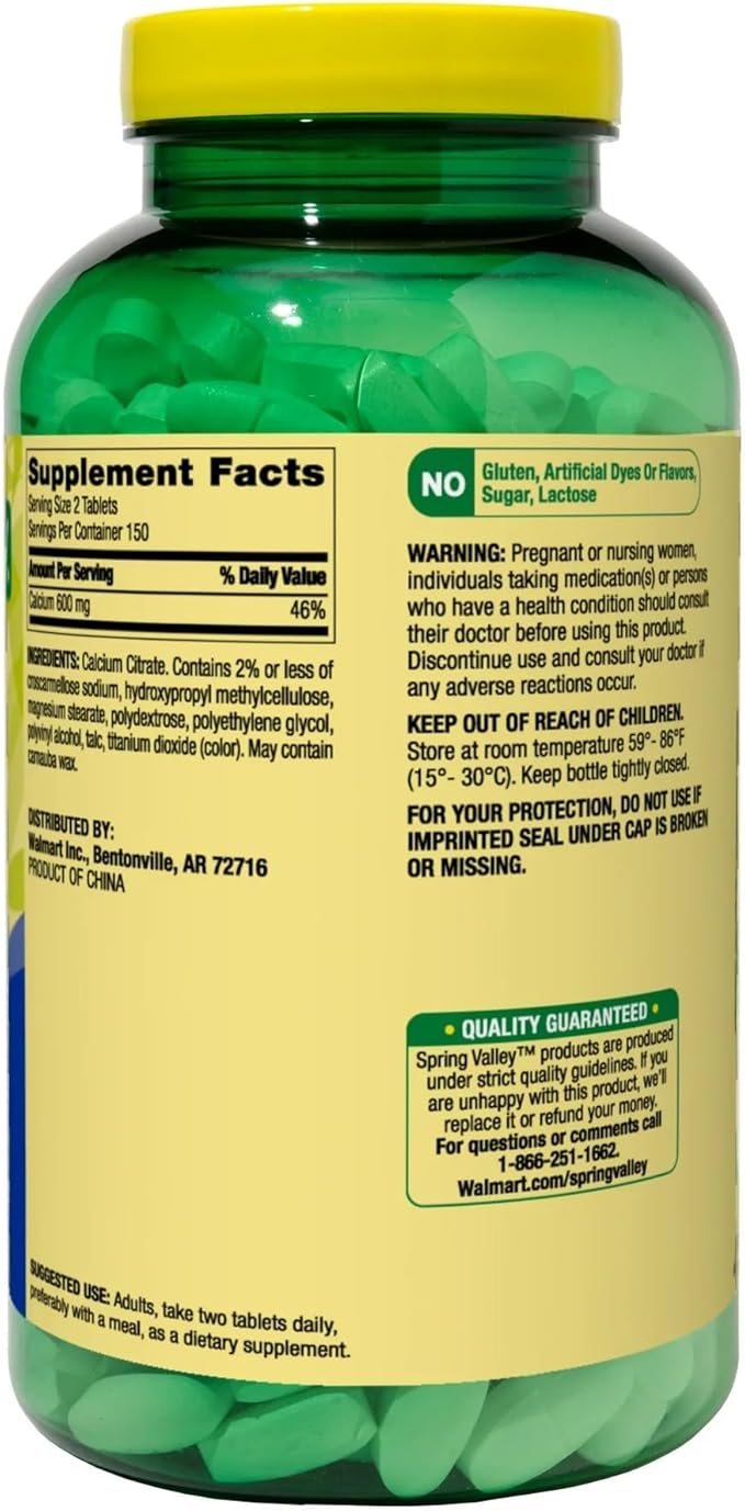 Spring Valley - Calcium Citrate, Bone Health Supplement, 600mg, 300 Count, (1) + ViT4 Pill Box.