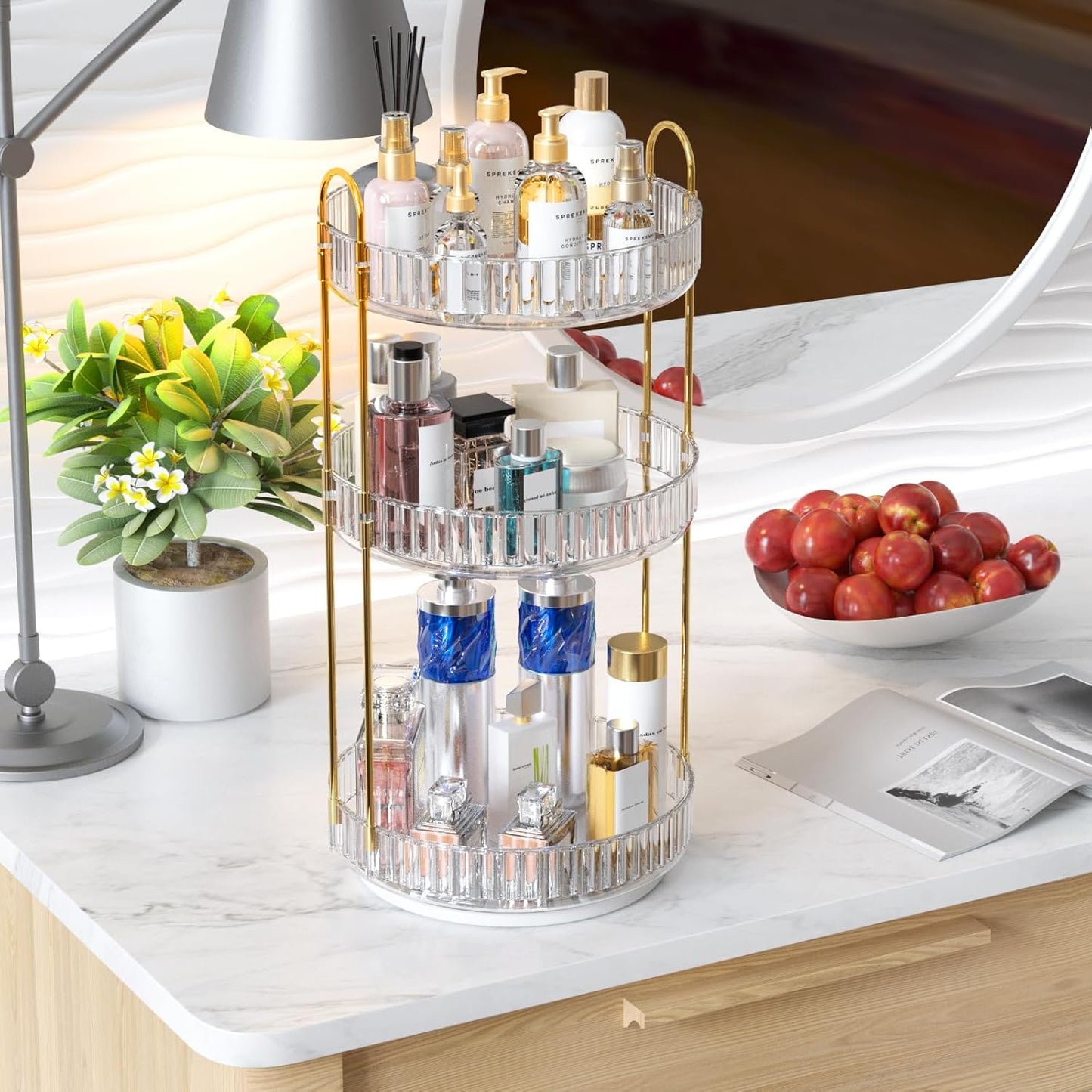 GTI 360°Rotating Makeup Organizer, 3 Tier Large Capacity Perfume Cosmetics Skincare Vanity Organizers,Bathroom Counter Organizer, Dresser Spinning Countertop Organizer and Storage for Women (Clear)