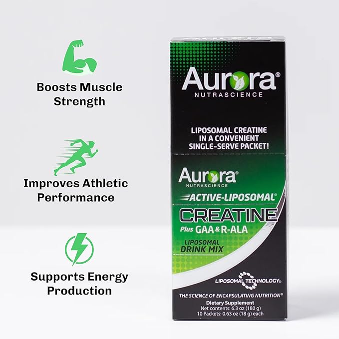 Aurora Nutrascience Liposomal Creatine + GAA & R-ALA Lemon Lime Powder Drink Mix, Increased Energy, Supports Exercise Performance & Muscle Growth for Wowen and Men, 10 Packets