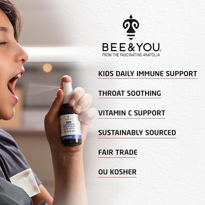 Bee and You, Kids Immune Support Supplement Throat Spray, Elderberry, Raw Honey, Propolis Extract, Vitamin C, Strawberry Juice, Antioxidants, Sore Throat Relief, 1 fl. Oz