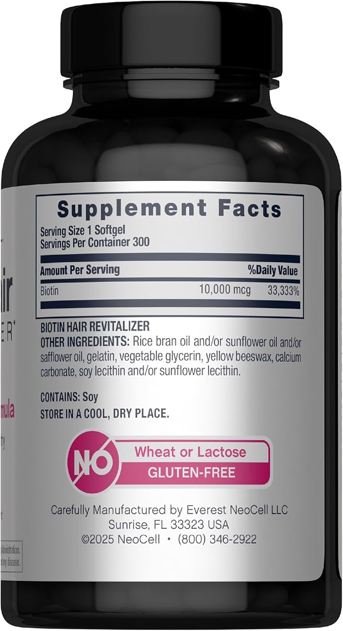 NeoCell Biotin Hair Revitalizer 10000mcg | 300 Softgels | Daily Nourishing Formula | for Women and Men | Hair, Skin, and Nails Supplement