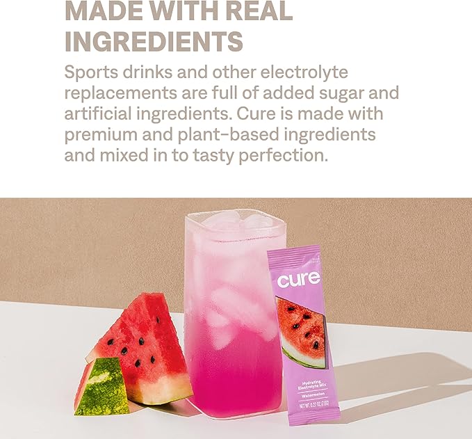 Cure Hydration | Plant-Based Electrolyte Drink Mix | No Added Sugar | Dehydration Relief Powder Made with Coconut Water | Non-GMO | Vegan | Pouch of 14 Packets - Watermelon