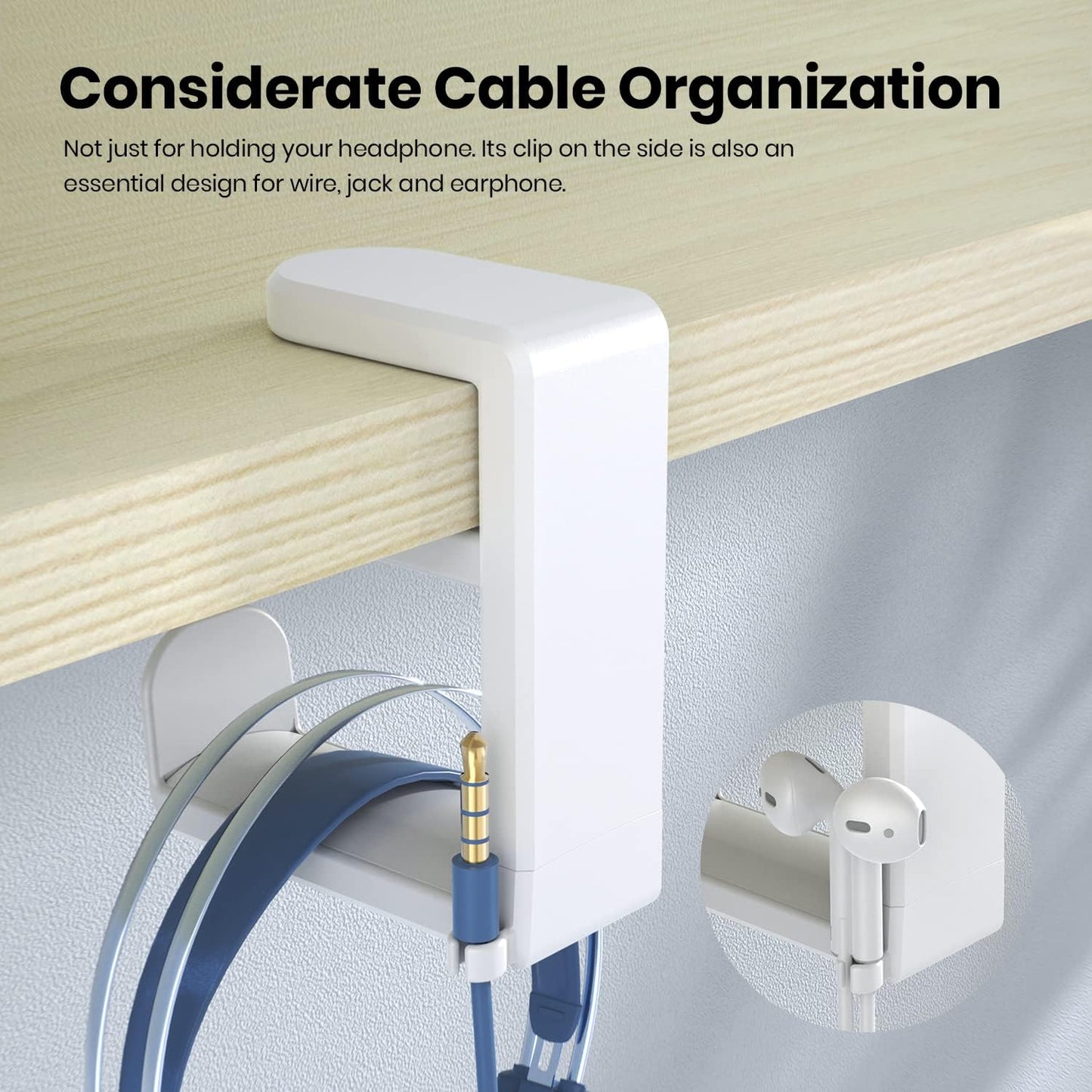 EURPMASK PC Gaming Headset Stand - Adjustable Clamp-on Headphone Holder, 360 Degree Swivel & Cable Clip Organizer - White