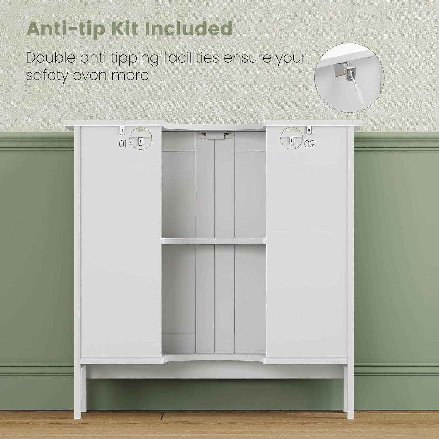 Iwell Pedestal Sink Storage Cabinet with 2 Doors and Shelf, Under Sink Cabinet, Bathroom Sink Cabinet with U-Shape, White