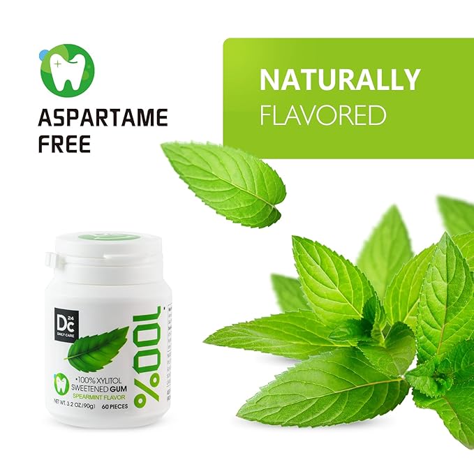 DC24 DAILY CARE 100% Xylitol Gum, No Aspartame, Sugar Free Chewing Gum, Natural Spearmint Flavor, Gluten Free, Vegan, 60 Pieces, Pack of 2