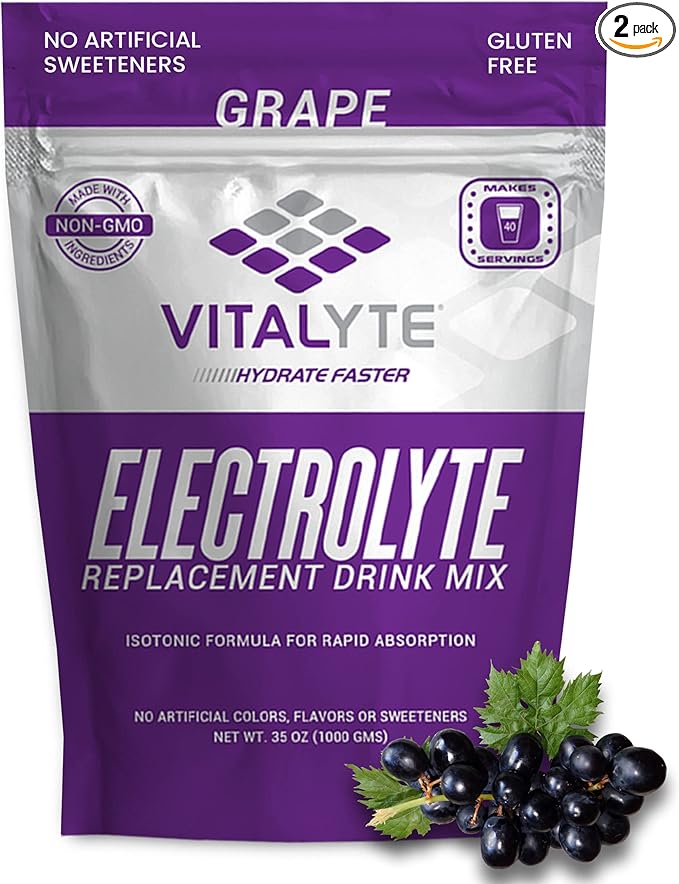 Vitalyte Electrolyte Powder Drink Mix, Isotonic Electrolyte Hydration Mix, Gluten Free Post Workout Powder Mix, Pack of 2, 35 oz. Each, Grape Flavor