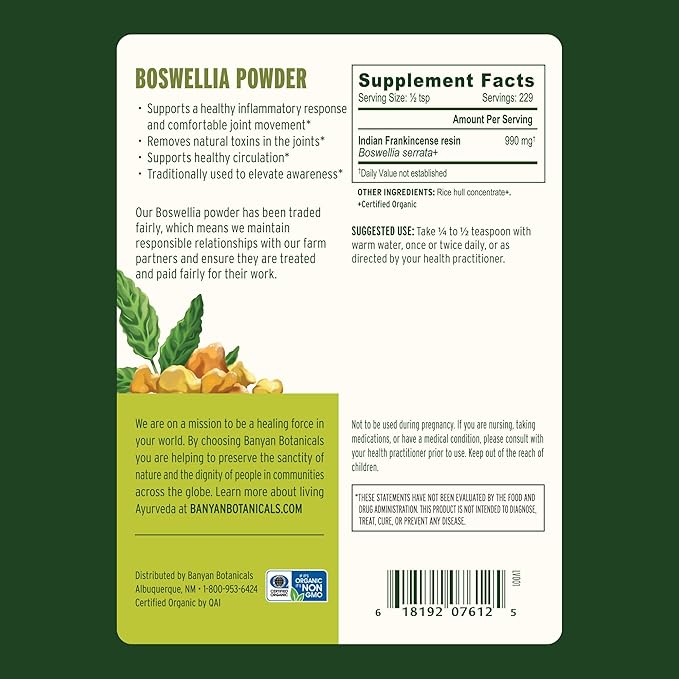 Banyan Botanicals Boswellia Powder – Organic Frankincense Resin (Boswellia Serrata) – Traditional Ayurvedic Joint Health Supplement* – 1/2 lb. – Non-GMO Sustainably Sourced Vegan