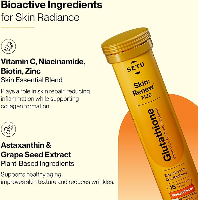 SETU Skin Renew, Glutathione with Vitamin C, Gluta Fizz, Supports Detoxification, Sugar-Free, Orange Flavour, 30 Effervescent Tablets