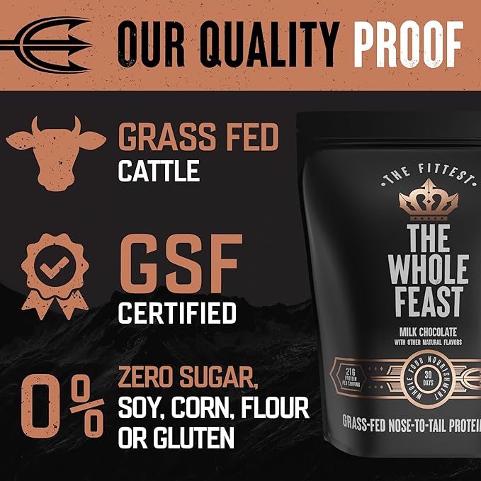 The Fittest Whole Feast Beef Protein Powder - Milk Chocolate - Grass Fed Nose to Tail Carnivore Blend Including Liver, Colostrum and Whole Bone - BCAAs - 14g Collagen, 21g Total Protein