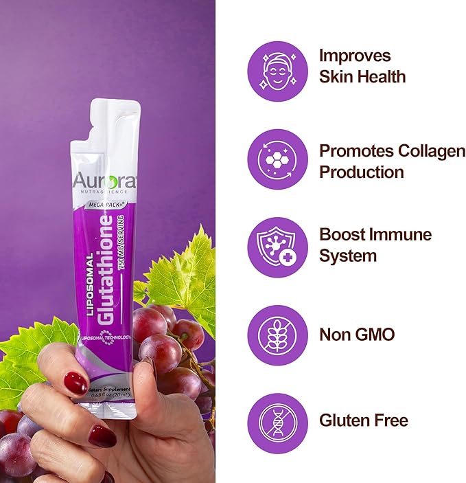Aurora Nutrascience Mega-Liposomal Liquid Glutathione, Immune & Antioxidant Gut Health Support Supplement, 750 mg per Serving, Non-GMO, Sugar-Free, 10 Single Serve Packets